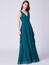 Ruffled Teal Long Prom Dresses with V-Neckline F