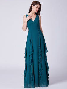 Ruffled Teal Long Prom Dresses with V-Neckline F