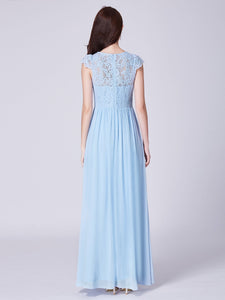 A Line Blue Lace-Bodice Long Chiffon Bridemaid Dresses F