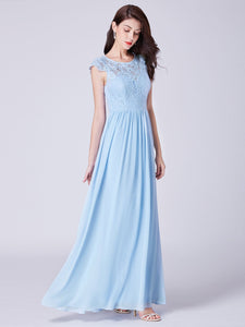 A Line Blue Lace-Bodice Long Chiffon Bridemaid Dresses F