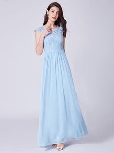 A Line Blue Lace-Bodice Long Chiffon Bridemaid Dresses F