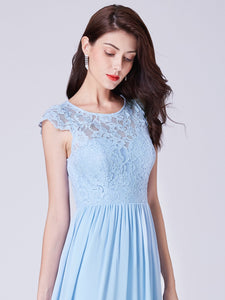 A Line Blue Lace-Bodice Long Chiffon Bridemaid Dresses F