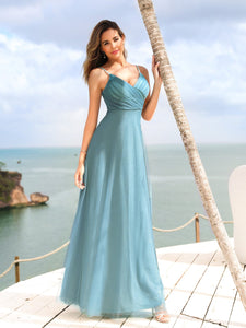 Adjtable Spaghetti Straps Long Blh Chiffon Bridesmaid Dress with Ruched Bodice