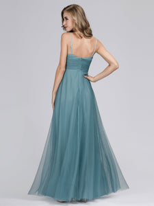 Adjtable Spaghetti Straps Long Blh Chiffon Bridesmaid Dress with Ruched Bodice