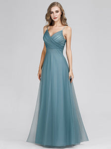 Adjtable Spaghetti Straps Long Blh Chiffon Bridesmaid Dress with Ruched Bodice