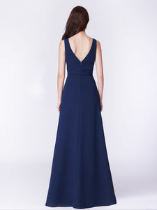 Navy Blue V Neck Long Ruffles Formal Evening Dress