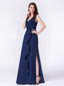 Navy Blue V Neck Long Ruffles Formal Evening Dress