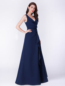 Navy Blue V Neck Long Ruffles Formal Evening Dress