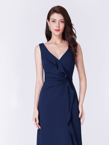 Navy Blue V Neck Long Ruffles Formal Evening Dress