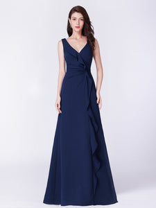 Navy Blue V Neck Long Ruffles Formal Evening Dress