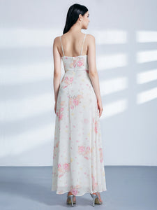 Long Spaghetti Str Floral Print Chiffon Wedding Guest Dress F