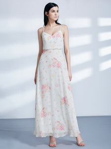 Long Spaghetti Str Floral Print Chiffon Wedding Guest Dress F