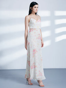 Long Spaghetti Str Floral Print Chiffon Wedding Guest Dress F