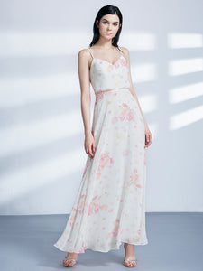 Long Spaghetti Str Floral Print Chiffon Wedding Guest Dress F