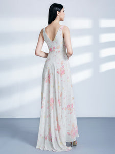 Formal Floral Print Long High-Low V-Neck Dress F