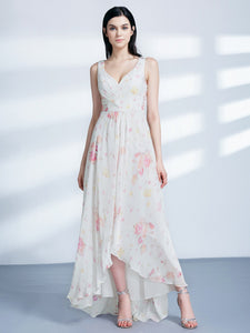 Formal Floral Print Long High-Low V-Neck Dress F