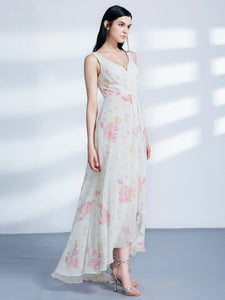 Formal Floral Print Long High-Low V-Neck Dress F