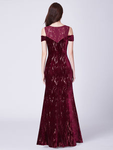 Burgundy V Neck Fishtail Sequined Evening Prom Dress Floor Length