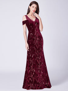 Burgundy V Neck Fishtail Sequined Evening Prom Dress Floor Length