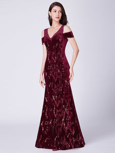 Burgundy V Neck Fishtail Sequined Evening Prom Dress Floor Length