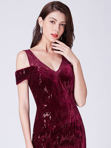 Burgundy V Neck Fishtail Sequined Evening Prom Dress Floor Length