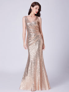 V Neck Long Formal Sequin Wedding-Guest Party Dress F