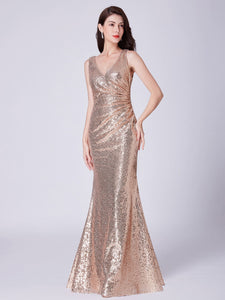 V Neck Long Formal Sequin Wedding-Guest Party Dress F