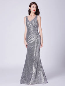 V Neck Long Formal Sequin Wedding-Guest Party Dress F