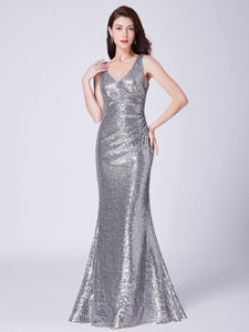 V Neck Long Formal Sequin Wedding-Guest Party Dress F