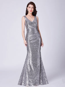 V Neck Long Formal Sequin Wedding-Guest Party Dress F