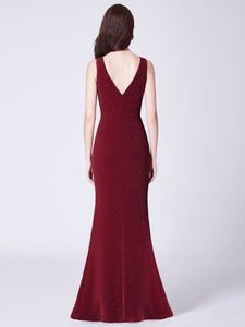 V Neck Fishtail Long Burgundy Formal Evening Dress