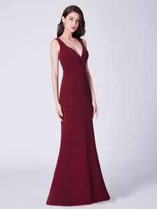 V Neck Fishtail Long Burgundy Formal Evening Dress