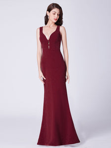 V Neck Fishtail Long Burgundy Formal Evening Dress