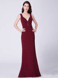 V Neck Fishtail Long Burgundy Formal Evening Dress