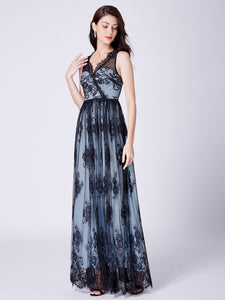 Black Illion A-Line V-Neck Lace Formal Evening Dress