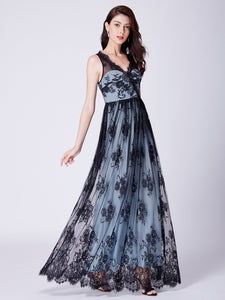 Black Illion A-Line V-Neck Lace Formal Evening Dress