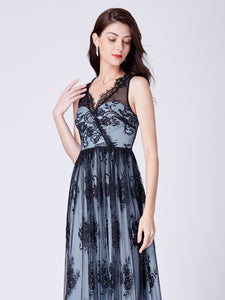 Black Illion A-Line V-Neck Lace Formal Evening Dress