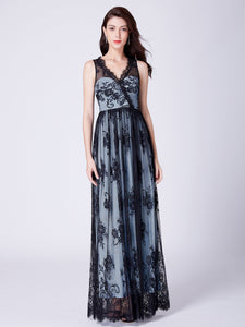 Black Illion A-Line V-Neck Lace Formal Evening Dress