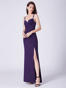 A Line V Neck Long Gillter Formal Evening Dress With Side Split