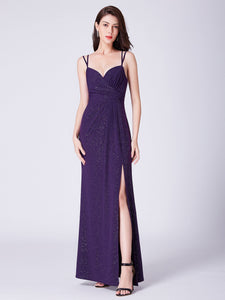 A Line V Neck Long Gillter Formal Evening Dress With Side Split