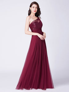 One Shoulder Long Mesh Evening Dress With Sequins Bodice