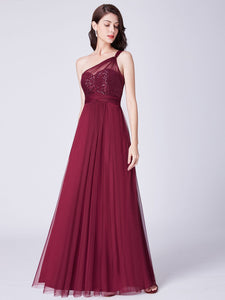 One Shoulder Long Mesh Evening Dress With Sequins Bodice