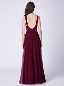 Burgundy A-Line V-Neck Long Evening Dress With Sequins