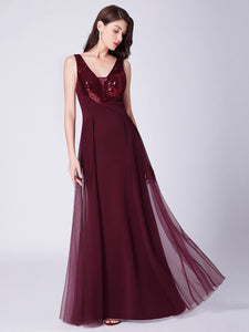 Burgundy A-Line V-Neck Long Evening Dress With Sequins