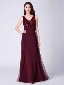 Burgundy A-Line V-Neck Long Evening Dress With Sequins