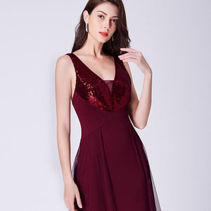 Burgundy A-Line V-Neck Long Evening Dress With Sequins