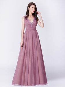 A-Line Deep V-Neck Long Evening Prom Dress