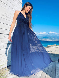 Deep V-Neck A-Line Long Evening Prom Dress