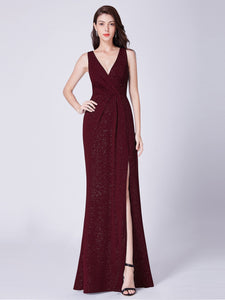 Fhion A Line V Neck Long Gillter Evening Dress With Side Split