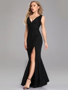 Fhion A Line V Neck Long Gillter Evening Dress With Side Split